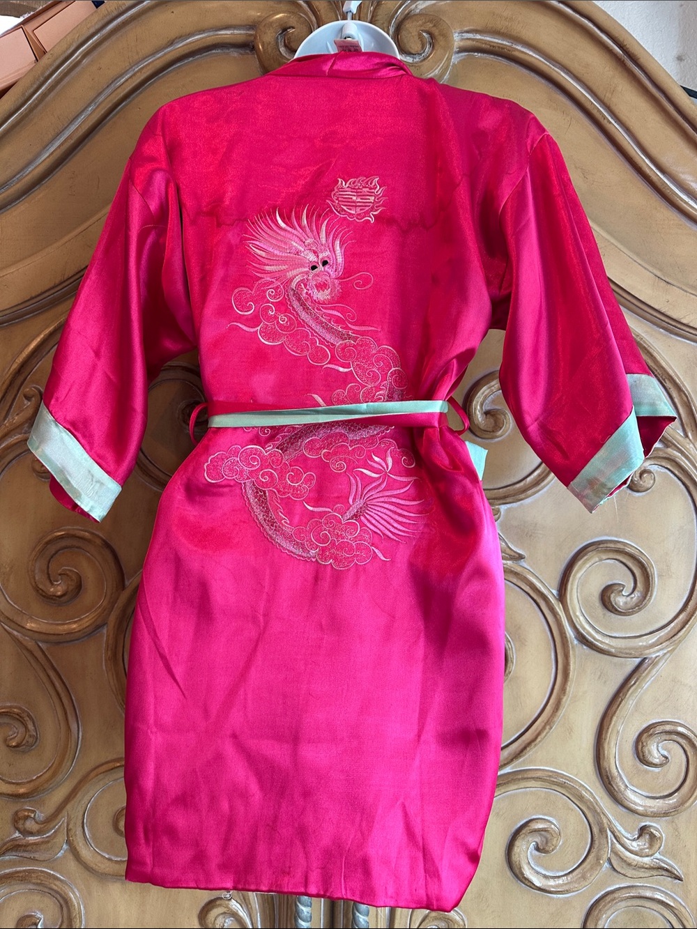 Pink Reversible Kids Kimono Robe with Mint Trim - Elegant Lounge Robe - Picture 4 of 12